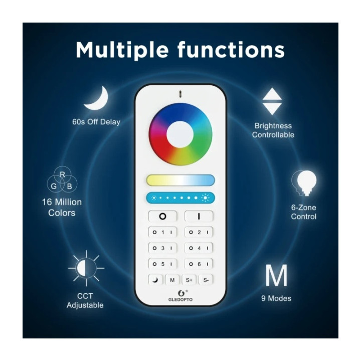 RGB+CCT touch fjernbetjening - 6 zoner, batteri