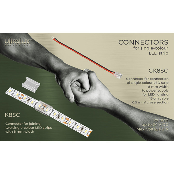 Connector til enkelt farve LED bånd  8mm 5stk./pakke