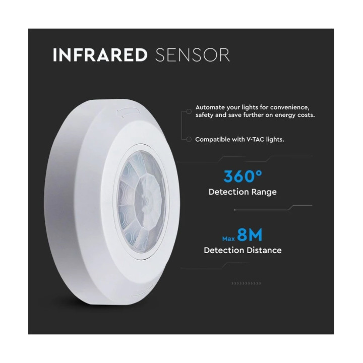 PIR bevægelsessensor, 360 °, IP20, til påbygning