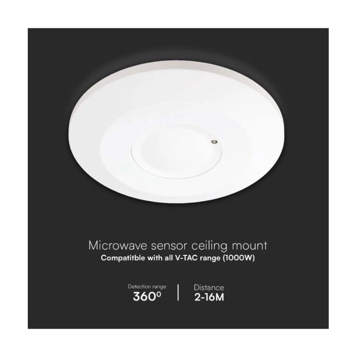 Bevægelsessensor(mikrobølge), 360°, 2000W/1000W, 8m, IP20