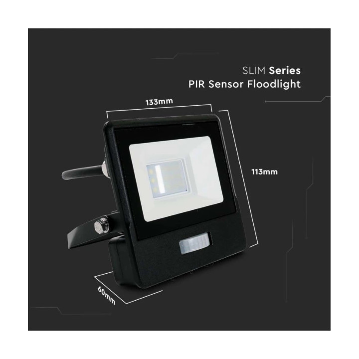 Led projektør m. PIR-sensor, slank, 10W, 4000K, 220V, IP65