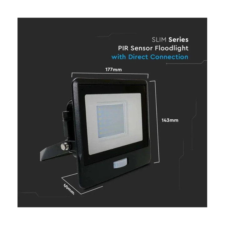 Led projektør m. PIR-sensor, slank, 30W, 4000K, 220V, IP65