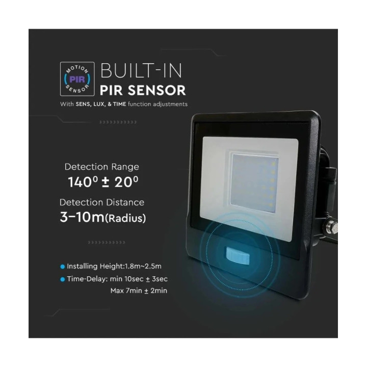 Led projektør m. PIR-sensor, slank, 30W, 4000K, 220V, IP65