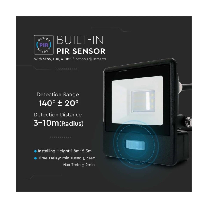 Led projektør m. PIR-sensor, slank, 50W, 4000K, 220V, IP65