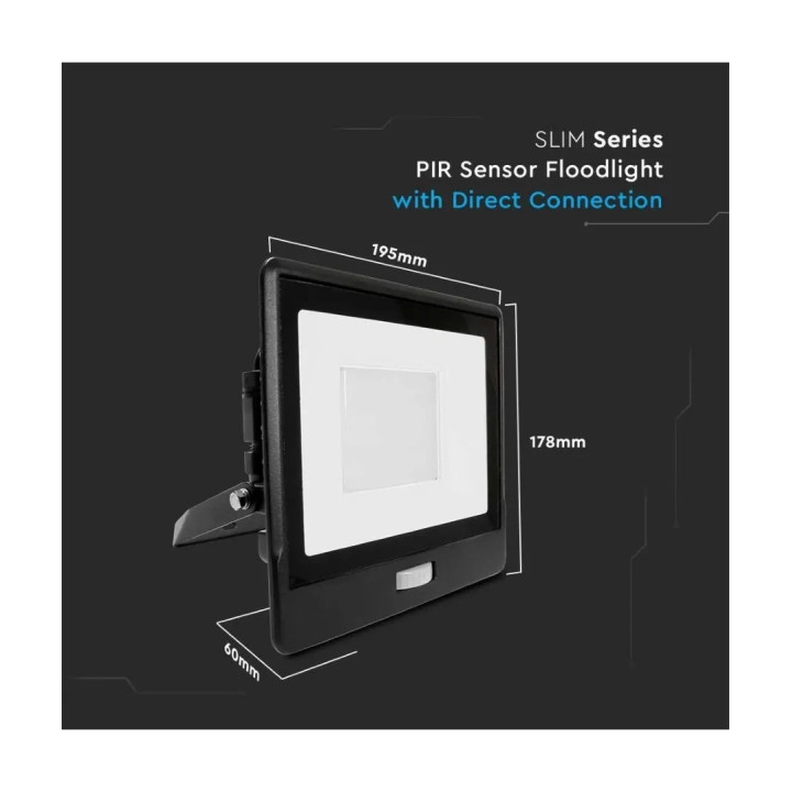 Led projektør m. PIR-sensor, slank, 50W, 4000K, 220V, IP65