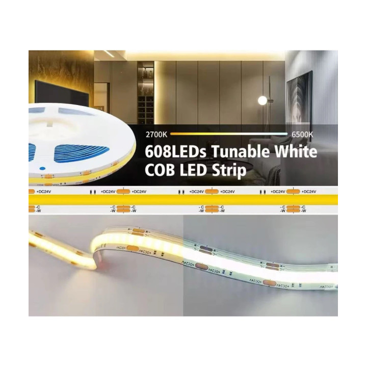 LED COB CCT bånd, 10W/m, 24V, 512 led/m, 5m, 2700K-6000K