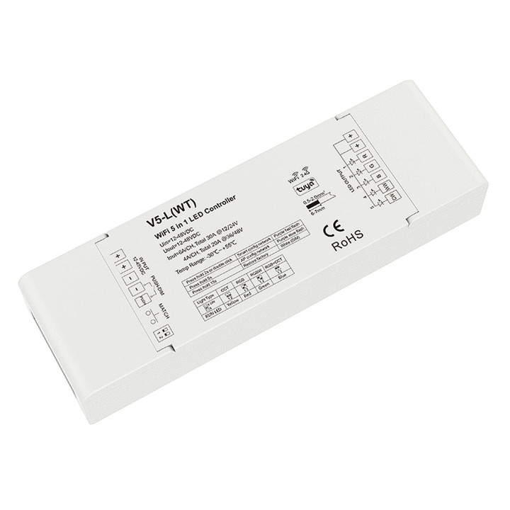 LED 5-kanals controller. WiFi Tuya + RF 2.4GHz + Push-DIM