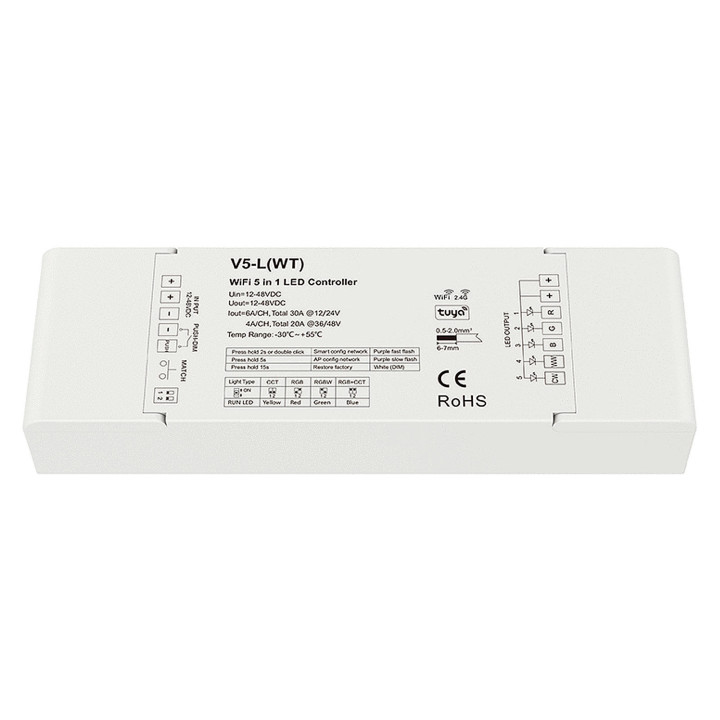 LED 5-kanals controller. WiFi Tuya + RF 2.4GHz + Push-DIM