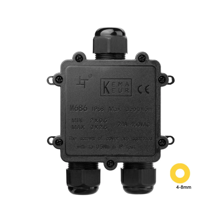 Sort IP68 samledåse 3-leder til Ø4–8 mm kabel