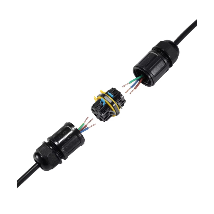 Sort rund IP68 samledåse 3-leder til Ø4–8 mm kabel