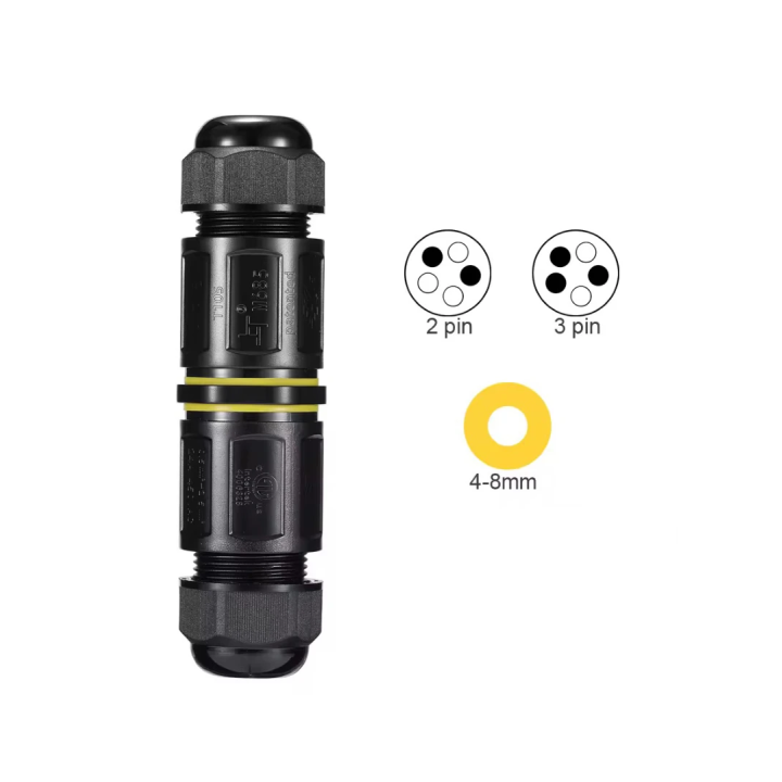 Sort rund IP68 samledåse 3-leder til Ø4–8 mm kabel