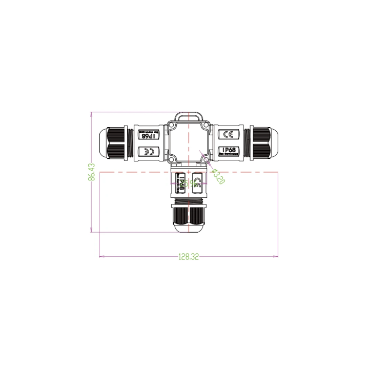 Sort T-samledåse IP68 3-leder til Ø4–8 mm kabel