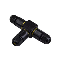 Sort T-samledåse IP68 3-leder til Ø4–8 mm kabel