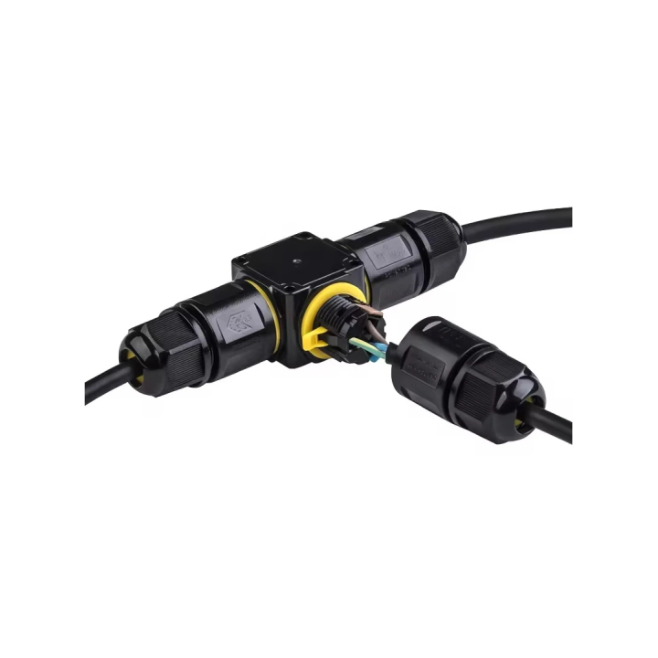 Sort T-samledåse IP68 3-leder til Ø4–8 mm kabel