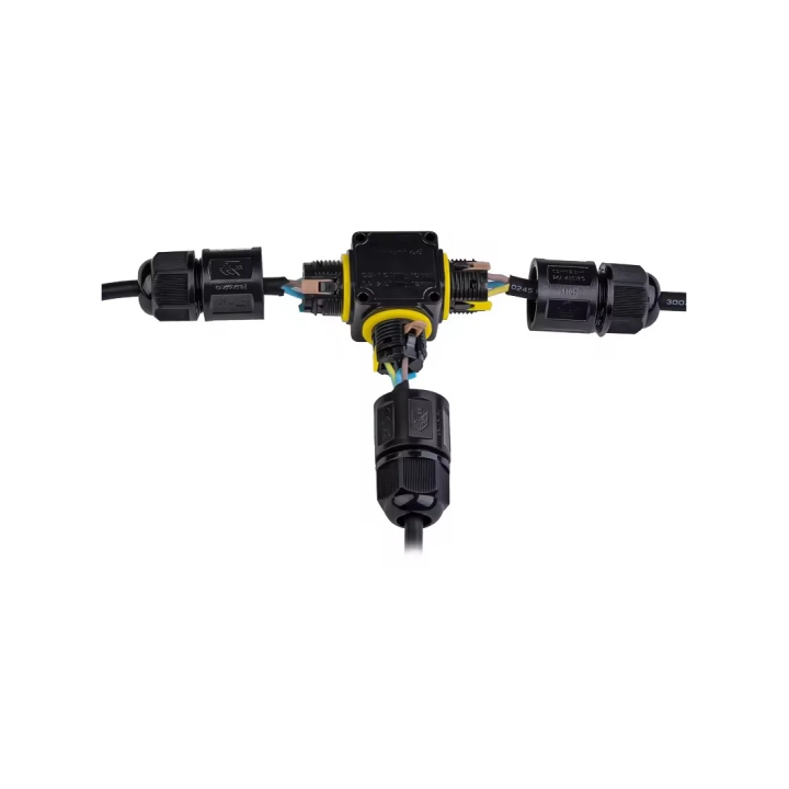 Sort T-samledåse IP68 3-leder til Ø4–8 mm kabel