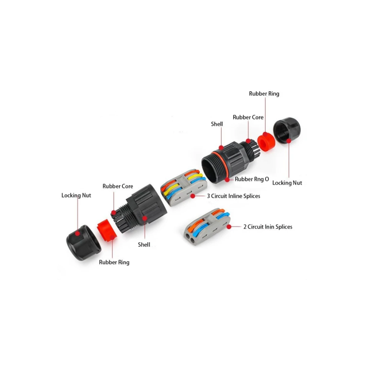 Sort rund samledåse IP67 – 3-leder Ø4–10 mm