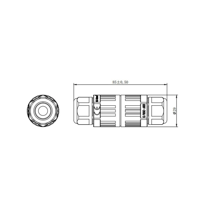 Sort rund samledåse IP67 – 3-leder Ø4–10 mm