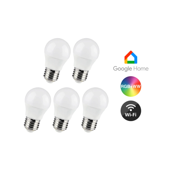 5 smarte E27 LED-pærer 5W RGB+CCT Wi-Fi G45