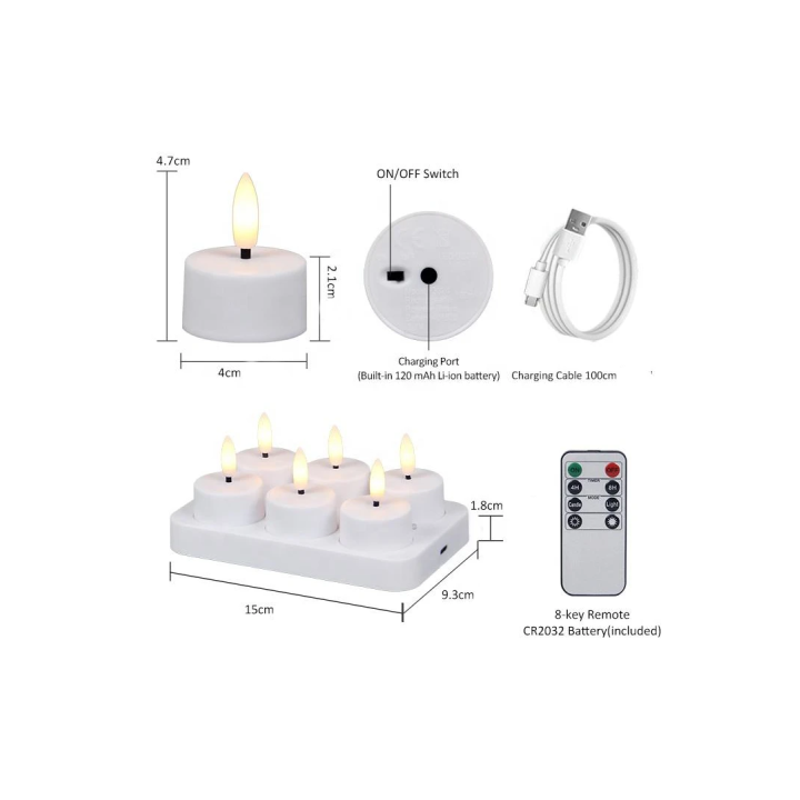 6 genopladelige LED-fyrfadslys med fjernbetjening