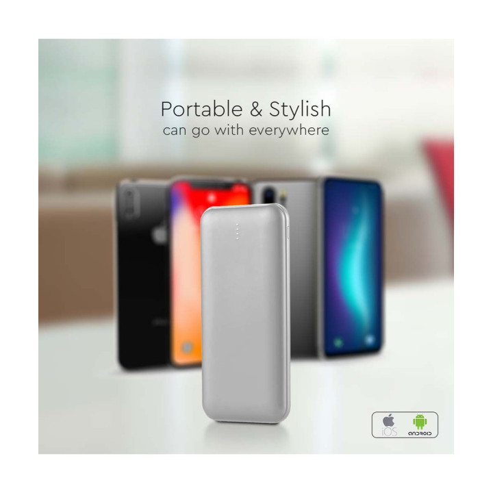 Powerbank 10.000 mAh 10W med LED-display – sølv