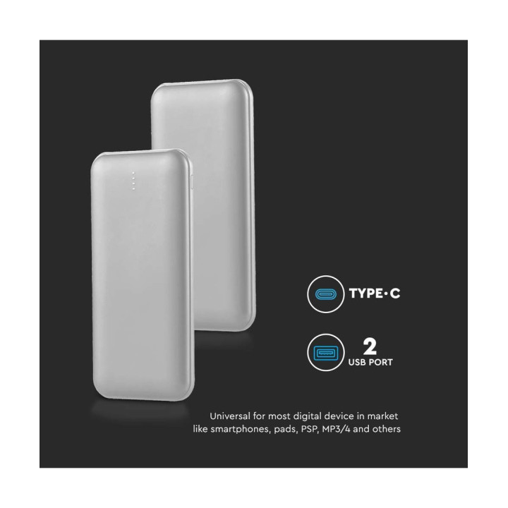 Powerbank 10.000 mAh 10W med LED-display – sølv