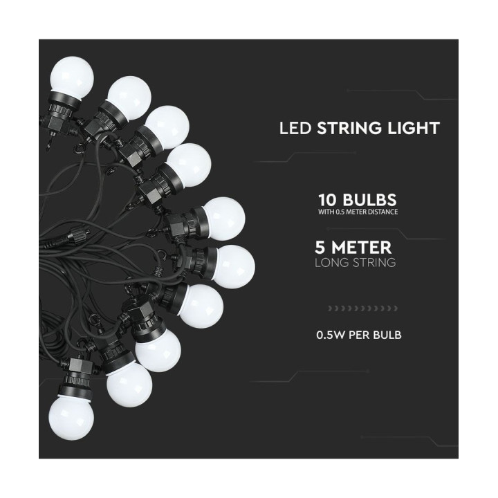 5 m LED lyskæde med 10 varm hvide pærer - 5W, IP44